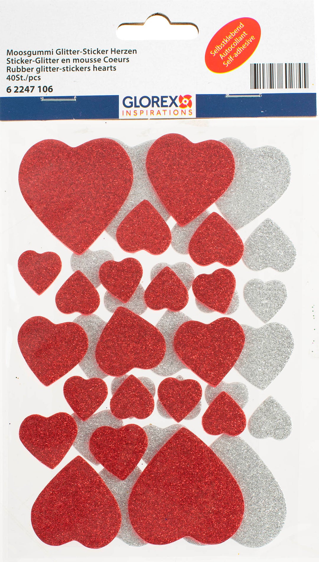 Moosgummi Glitter-Sticker 40St Herzen in rot und silber
