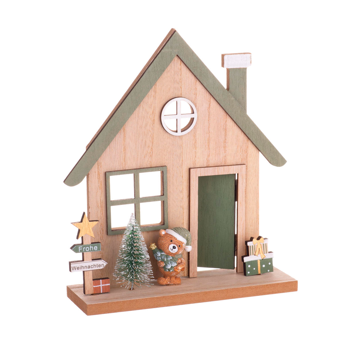 Deko-Haus mit Tür und Bär 18,5x5,5x20,5cm