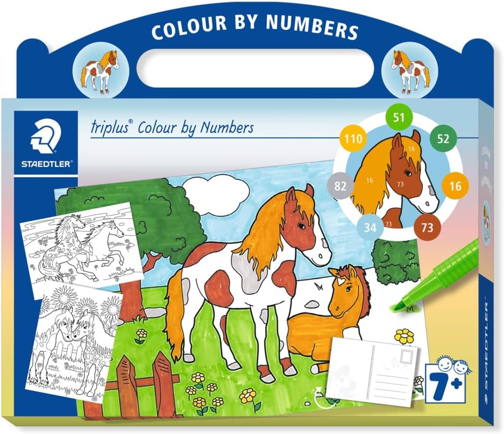 Kartonkoffer mit 2 triplus fineliner, 5 triplus color, 3 Postkarten zum Ausmalen und 3 nummerierten Farbanleitungen, Pferde - Kidis Art