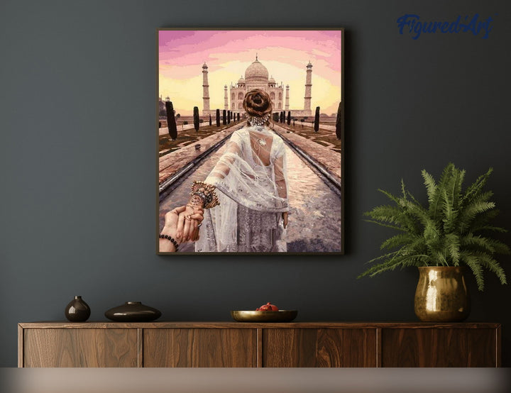 Malen nach Zahlen 40x50cm auf Keilrahmen gespannt Figured’Art Spaziergang am romantischen Taj Mahal - Kidis Art