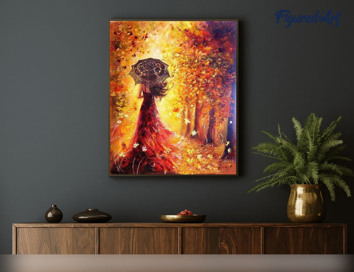Malen nach Zahlen 40x50cm auf Keilrahmen gespannt Figured’Art Herbstwald und Frau mit Regenschirm - Kidis Art