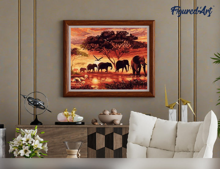 Malen nach Zahlen 40x50cm auf Keilrahmen gespannt Figured’Art Elefanten bei Sonnenuntergang - Kidis Art