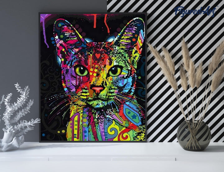 Malen nach Zahlen 40x50cm auf Keilrahmen gespannt Figured’Art Moderne fraktale Katze - Kidis Art