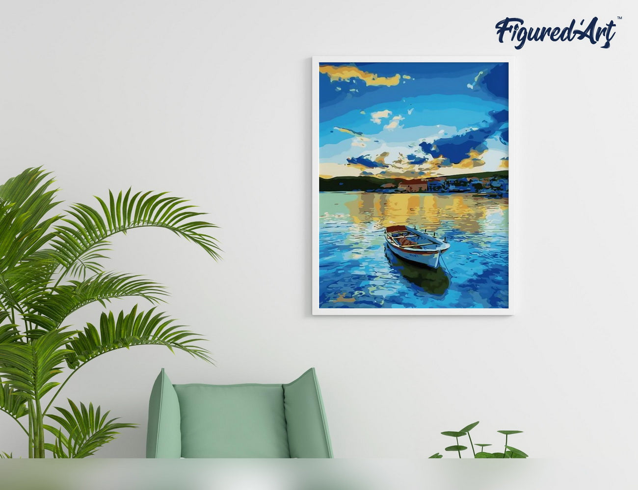 Malen nach Zahlen 40x50cm auf Keilrahmen gespannt Figured’Art Boot und Sonnenaufgang - Kidis Art