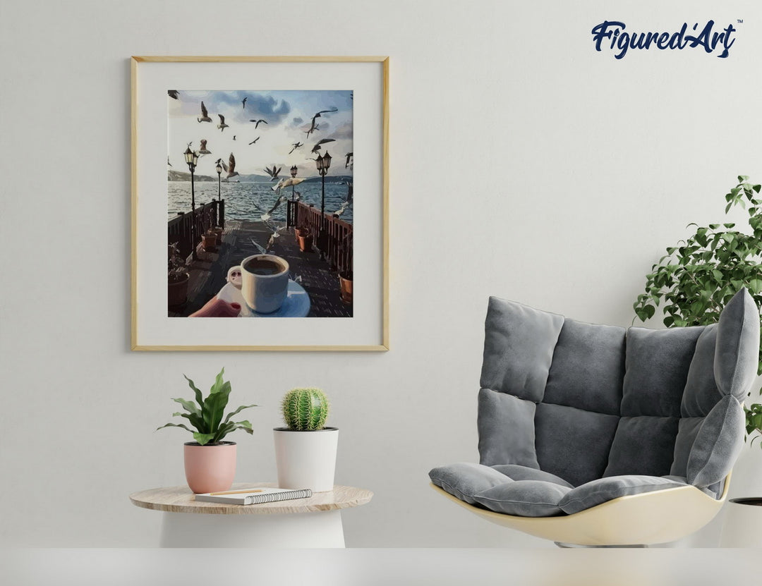 Malen nach Zahlen 40x50cm ohne Keilrahmen Figured’Art Kaffee und Möwen am Wasser - Kidis Art