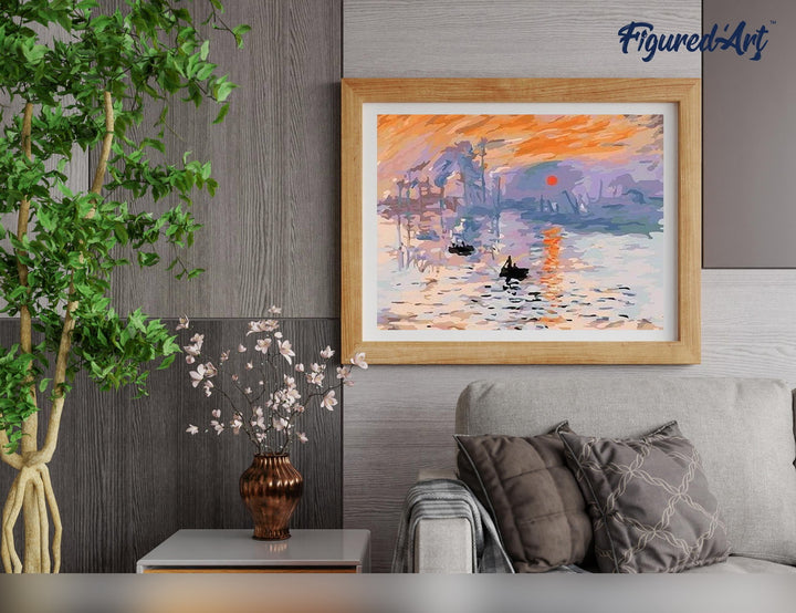 Malen nach Zahlen 40x50cm auf Keilrahmen gespannt Figured’Art Sonnenaufgang – Monet - Kidis Art