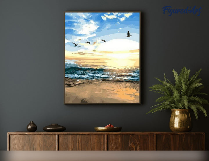 Malen nach Zahlen 40x50cm ohne Keilrahmen Figured’Art Vögel am Strand - Kidis Art
