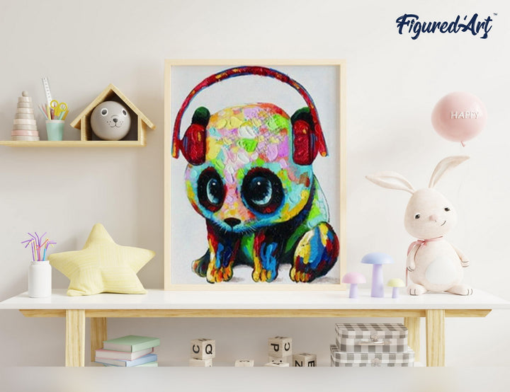 Malen nach Zahlen 40x50cm ohne Keilrahmen Figured’Art Kleiner Panda und Kopfhörer - Kidis Art