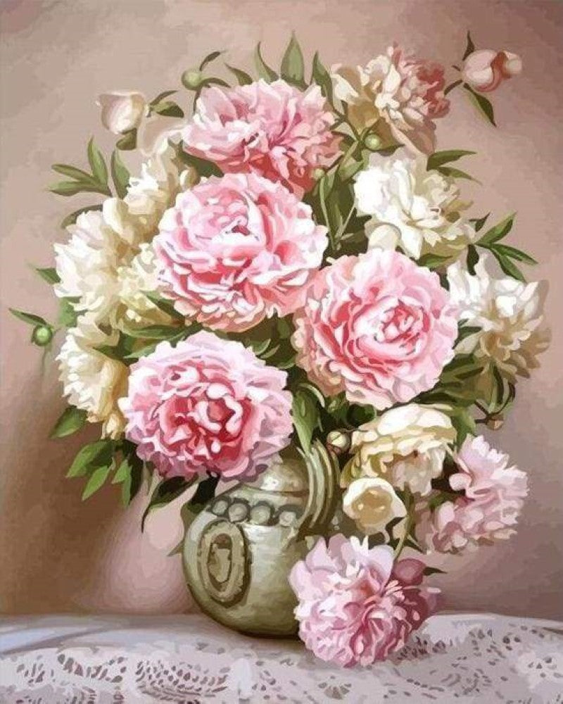 Kreuzstich 32x40cm – Rosa und weisse Pfingstrosen auf dem Tisch - Kidis Art
