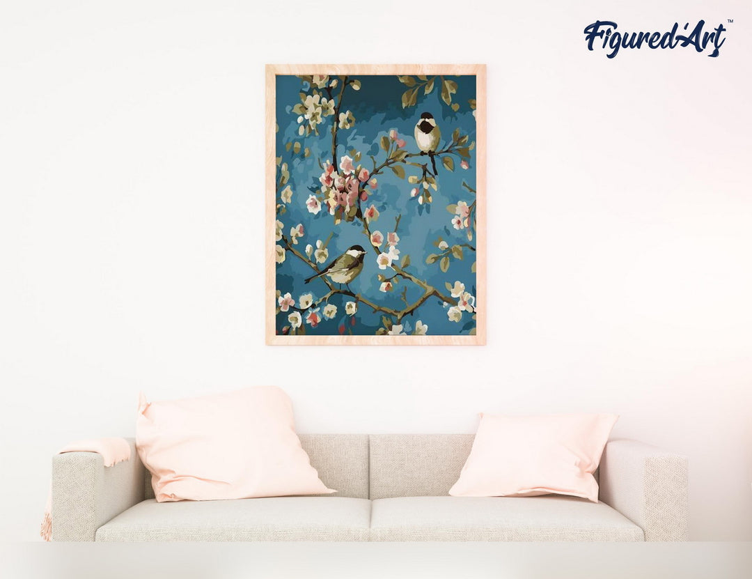 Malen nach Zahlen 40x50cm auf Keilrahmen gespannt Figured’Art Blumen und Vögel - Kidis Art