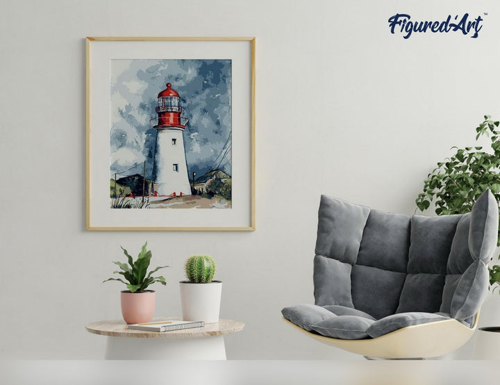Malen nach Zahlen 40x50cm ohne Keilrahmen Figured’Art Leuchtturm unter dunklem Himmel - Kidis Art