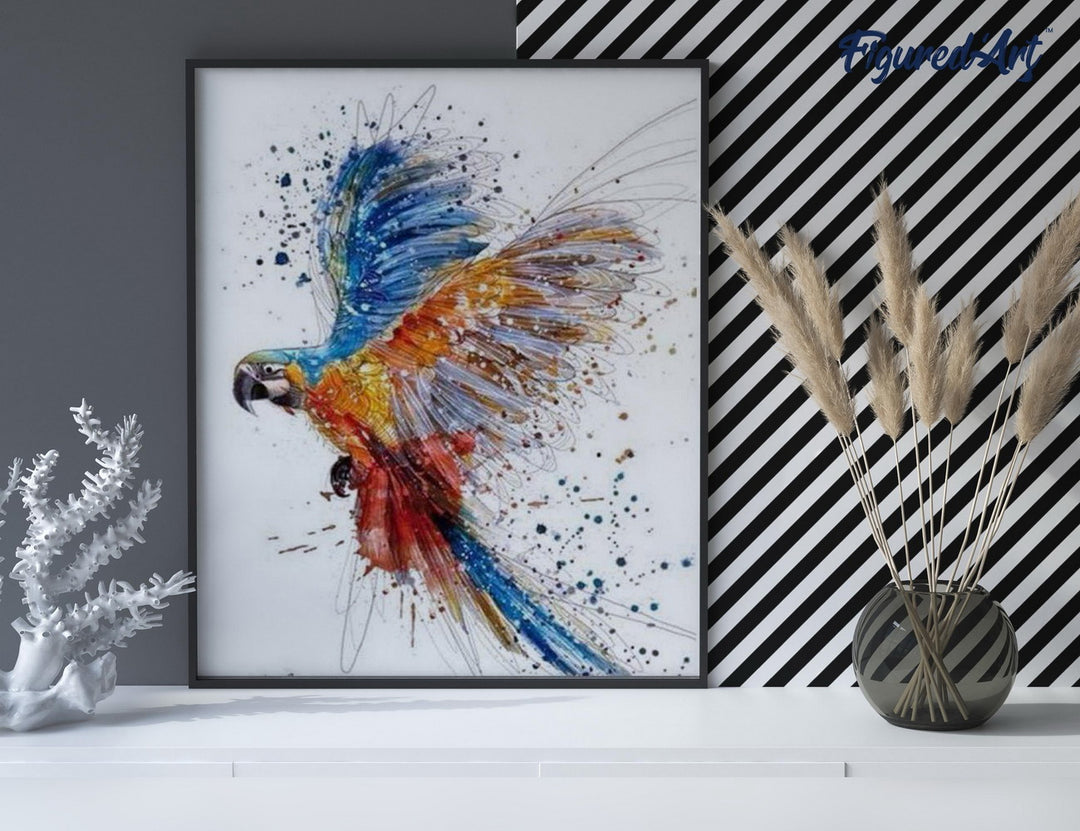 Malen nach Zahlen 40x50cm auf Keilrahmen gespannt Figured’Art Papagei in vollem Flug - Kidis Art
