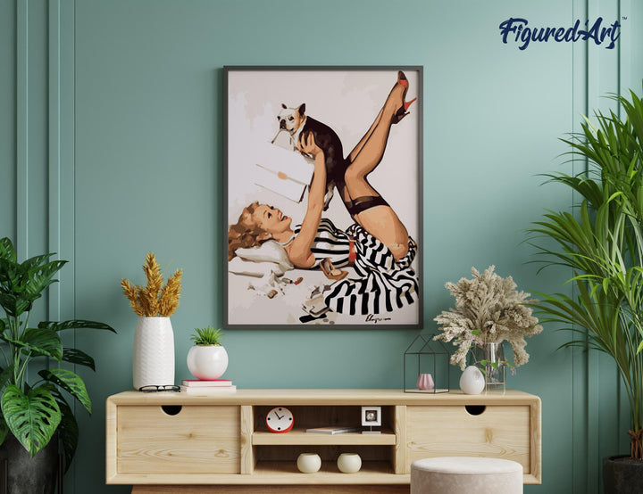 Malen nach Zahlen 40x50cm ohne Keilrahmen Figured’Art Pin-Up-Girl im gestreiften Kleid - Kidis Art
