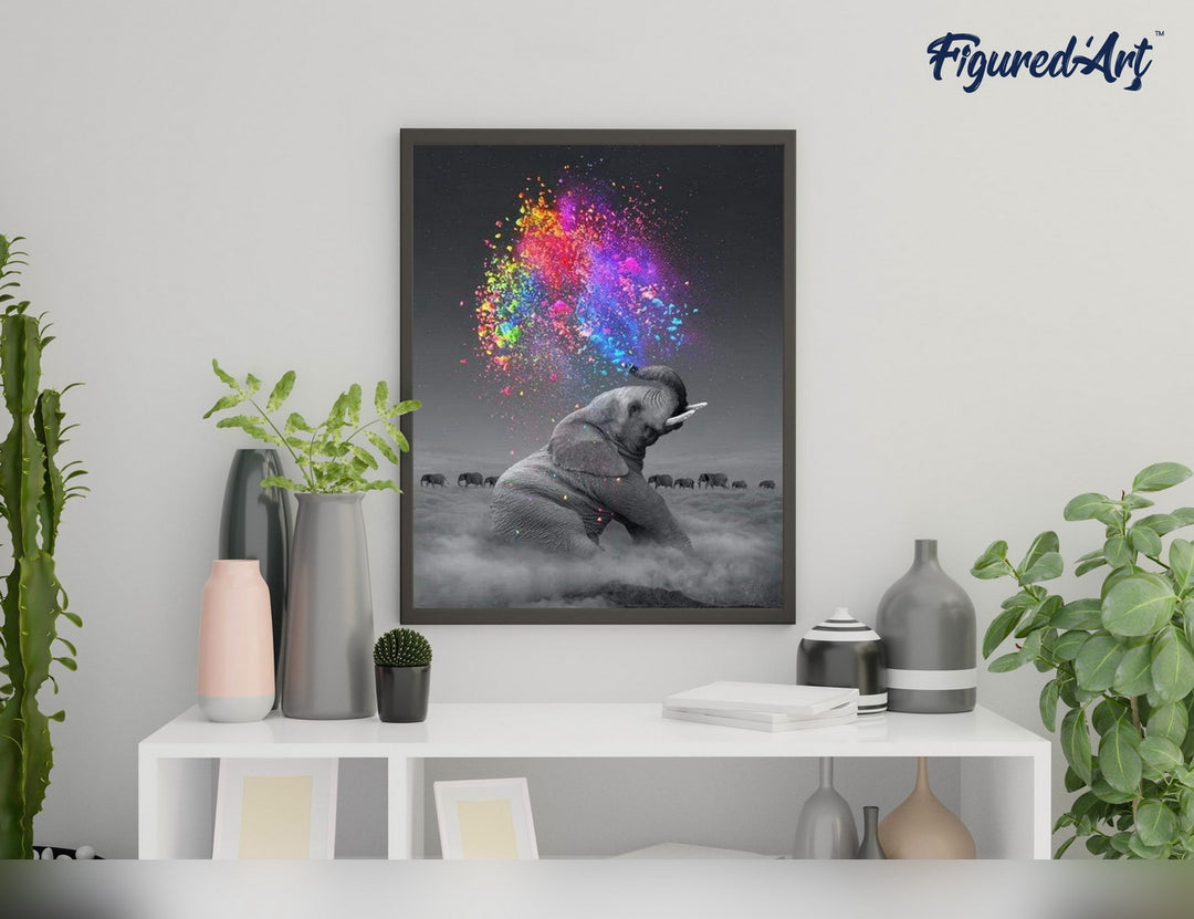 Malen nach Zahlen 40x50cm auf Keilrahmen gespannt Figured’Art Elefant und Farbexplosion - Kidis Art
