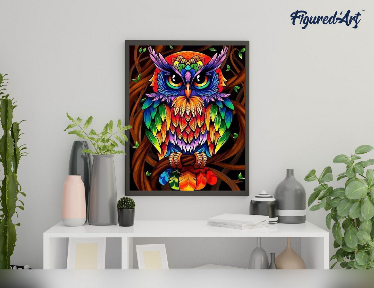 Malen nach Zahlen 40x50cm auf Keilrahmen gespannt Figured’Art Farbige Eule - Kidis Art