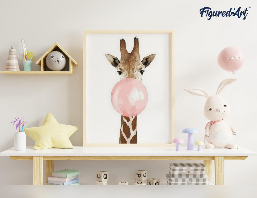 Malen nach Zahlen 40x50cm auf Keilrahmen gespannt Figured’Art Giraffe und Kaugummi - Kidis Art