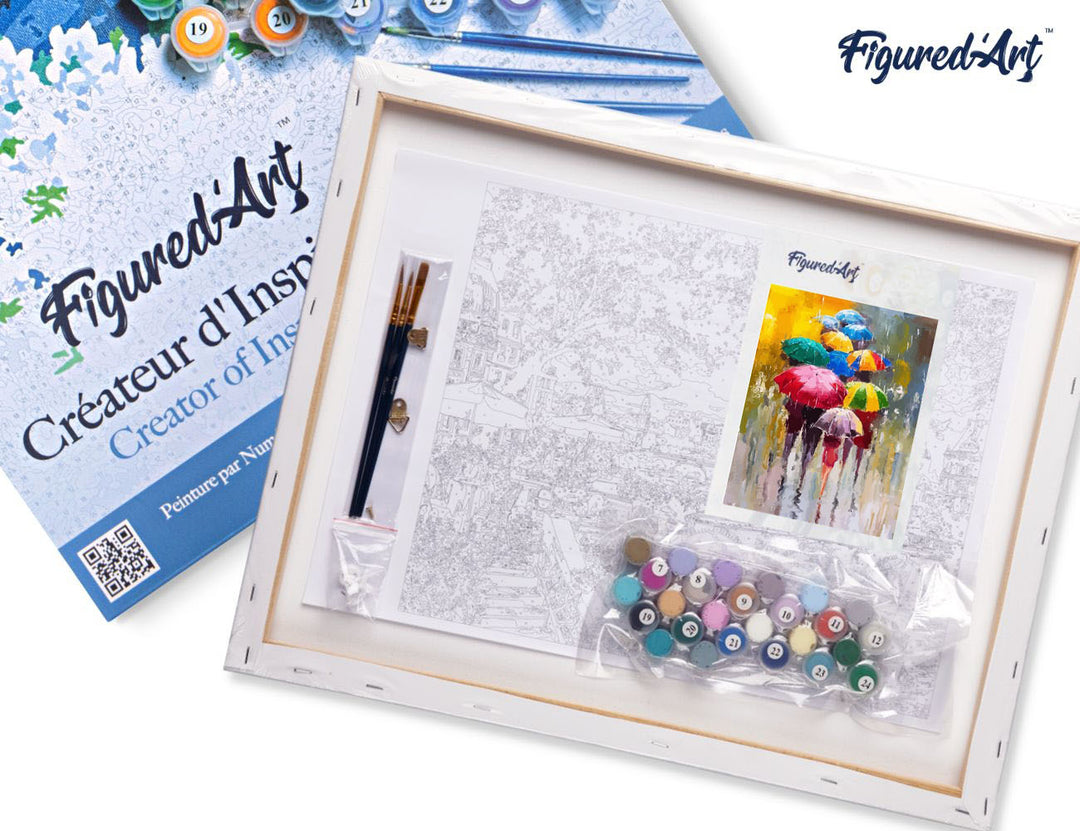 Malen nach Zahlen 40x50cm auf Keilrahmen gespannt Figured’Art Schirme im Regen - Kidis Art