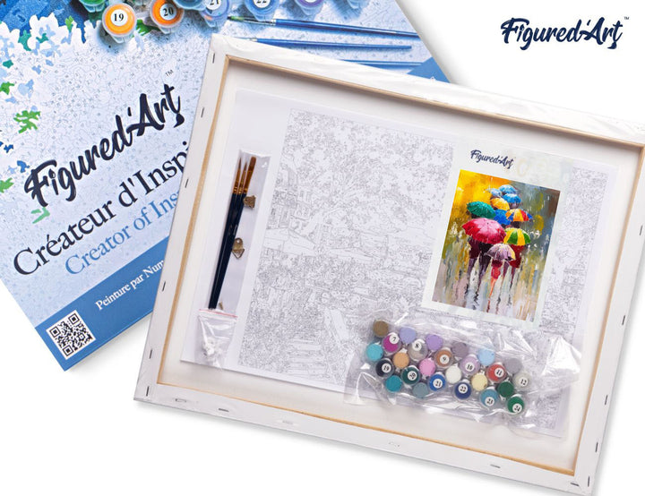 Malen nach Zahlen 40x50cm auf Keilrahmen gespannt Figured’Art Schirme im Regen - Kidis Art