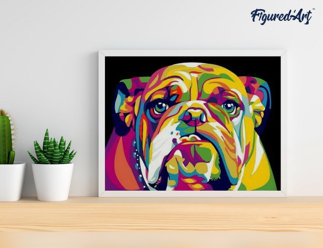 Malen nach Zahlen 40x50cm auf Keilrahmen gespannt Figured’Art Bulldog Pop Art - Kidis Art