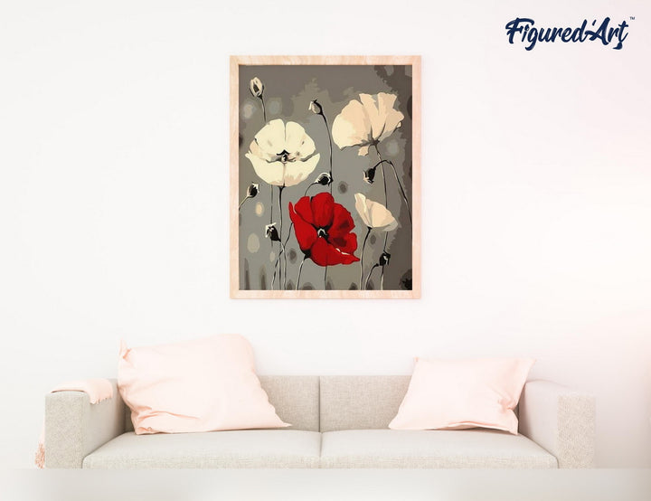 Malen nach Zahlen 40x50cm auf Keilrahmen gespannt Figured’Art Rote und weisse Blumen - Kidis Art