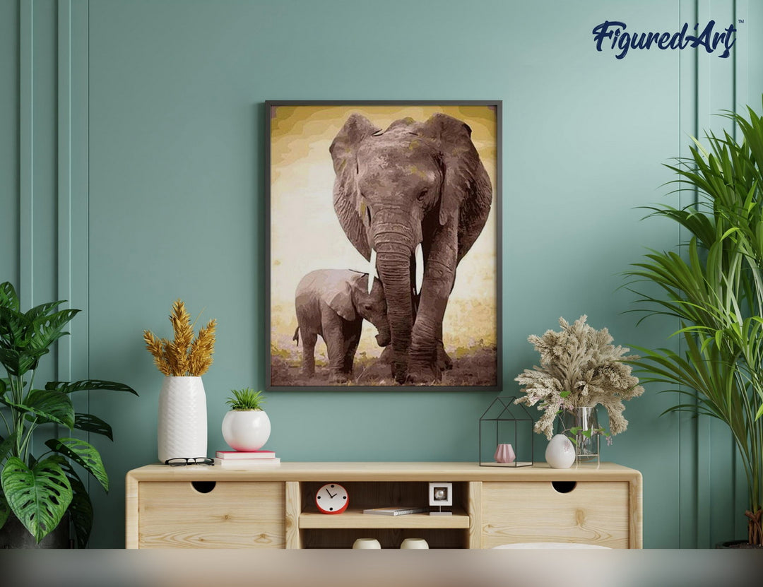 Malen nach Zahlen 40x50cm ohne Keilrahmen Figured’Art Elefant und ihr Kalb - Kidis Art