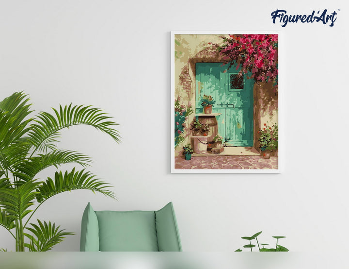 Malen nach Zahlen 40x50cm auf Keilrahmen gespannt Figured’Art Eingang mit Blumen - Kidis Art