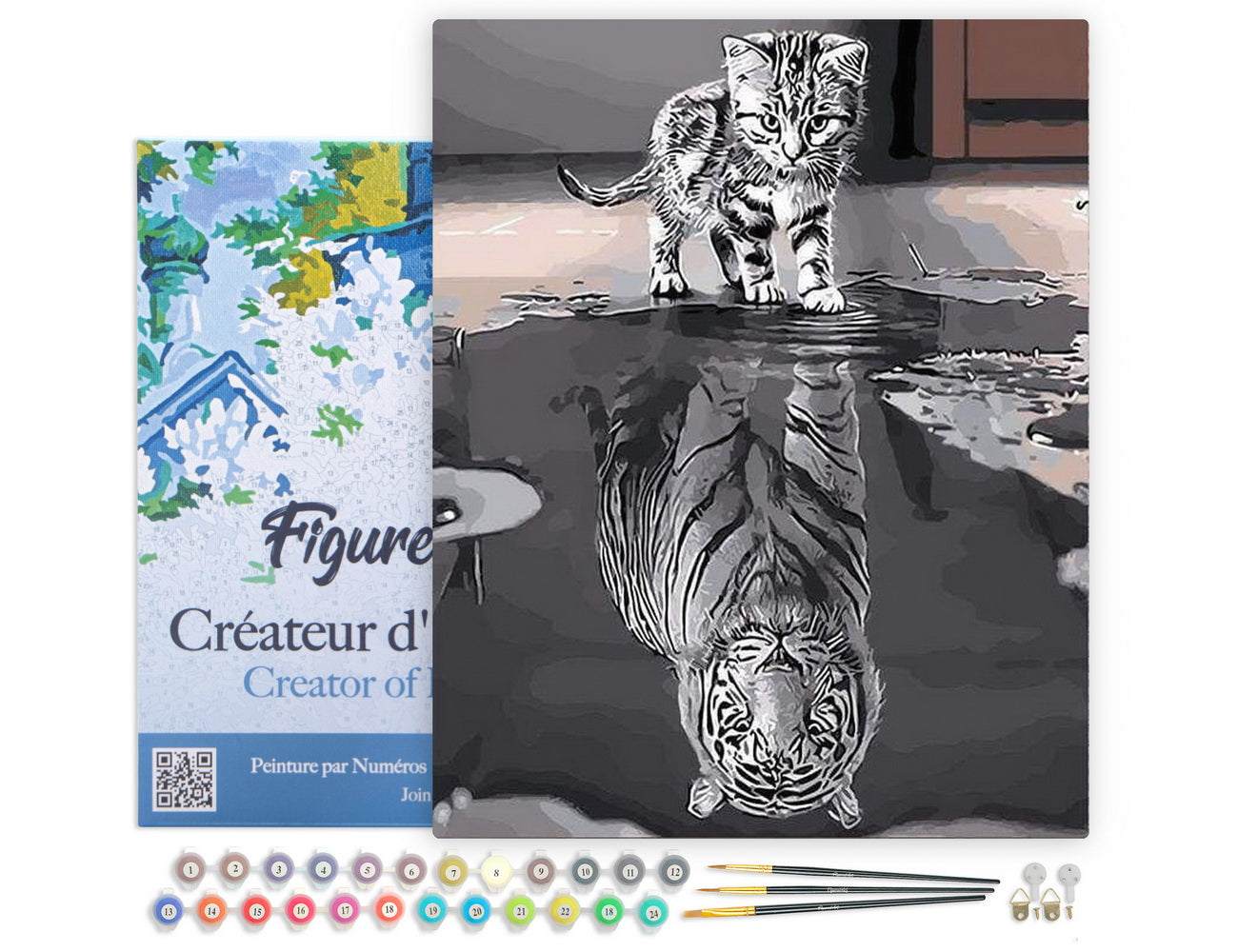 FiguredArt Malen Nach Zahlen Katze Und Weißer Tiger 40x50 Cm Keilrahmen Startklar Vorgemischte Farben Pinsel - Kidis Art