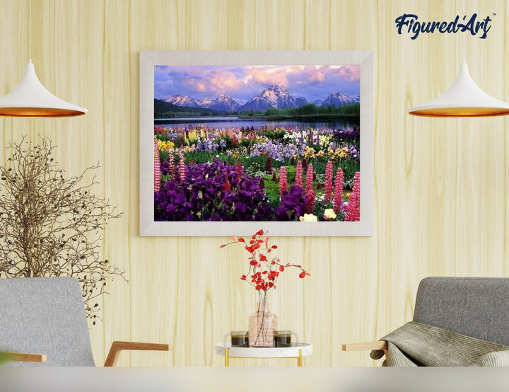 Malen nach Zahlen 40x50cm auf Keilrahmen gespannt Figured’Art Blumen und See am Fusse des Berges - Kidis Art