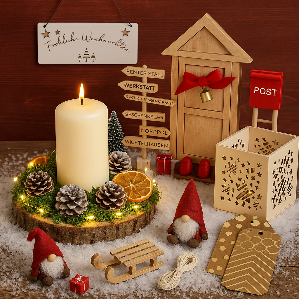 Winterliche Holzscheibe-Deko mit Kerze und Wichteln - Kidis Art