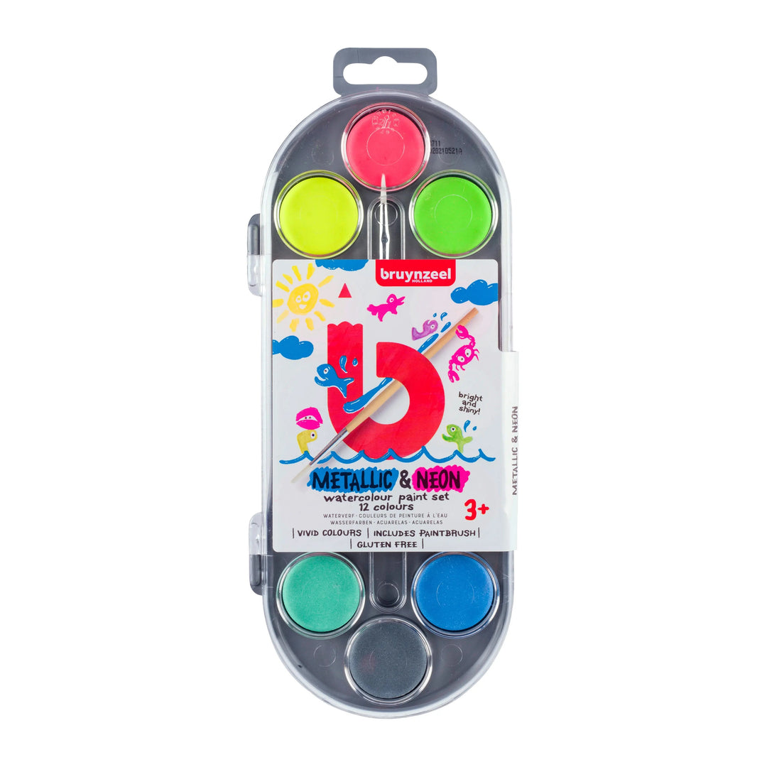 Bruynzeel Wasserfarbenset für Kinder mit 12 Metallic- &amp; Neon-Farben und Pinsel - Kidis Art