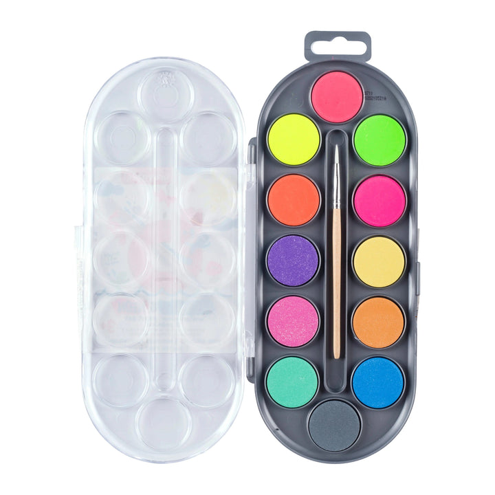 Bruynzeel Wasserfarbenset für Kinder mit 12 Metallic- &amp; Neon-Farben und Pinsel - Kidis Art