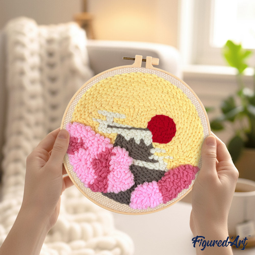Punch Needle 20 x 20 cm Aufgehende Sonne und Kirschblüten - Kidis Art