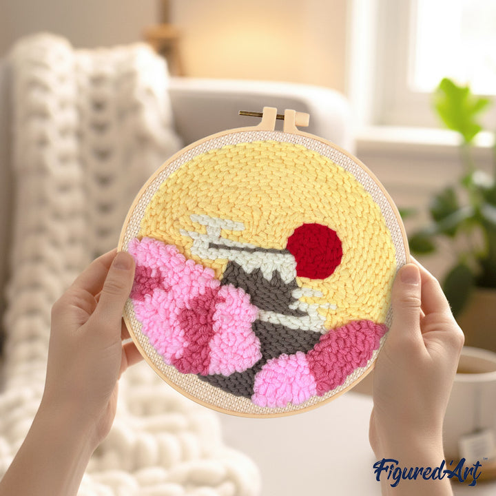 Punch Needle 20 x 20 cm Aufgehende Sonne und Kirschblüten - Kidis Art