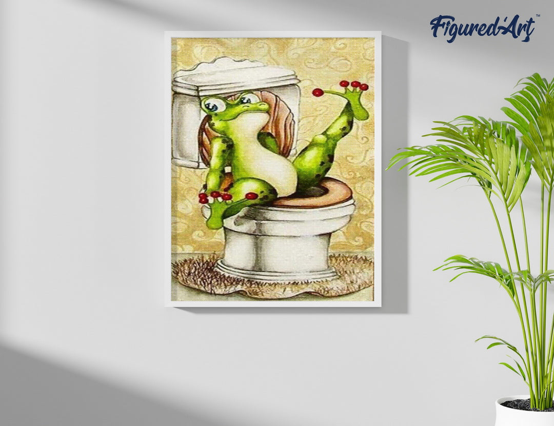 Diamond Painting 40x50 gerollte Leinwand Figured’Art Frosch in Toilette - Kidis Art
