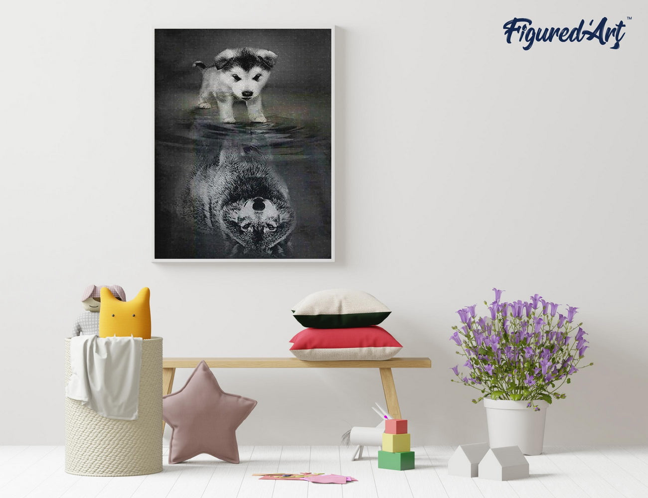 Diamond Painting 40x50 auf Keilrahmen gespannt Figured’Art Hund und Wolf Spiegelung - Kidis Art