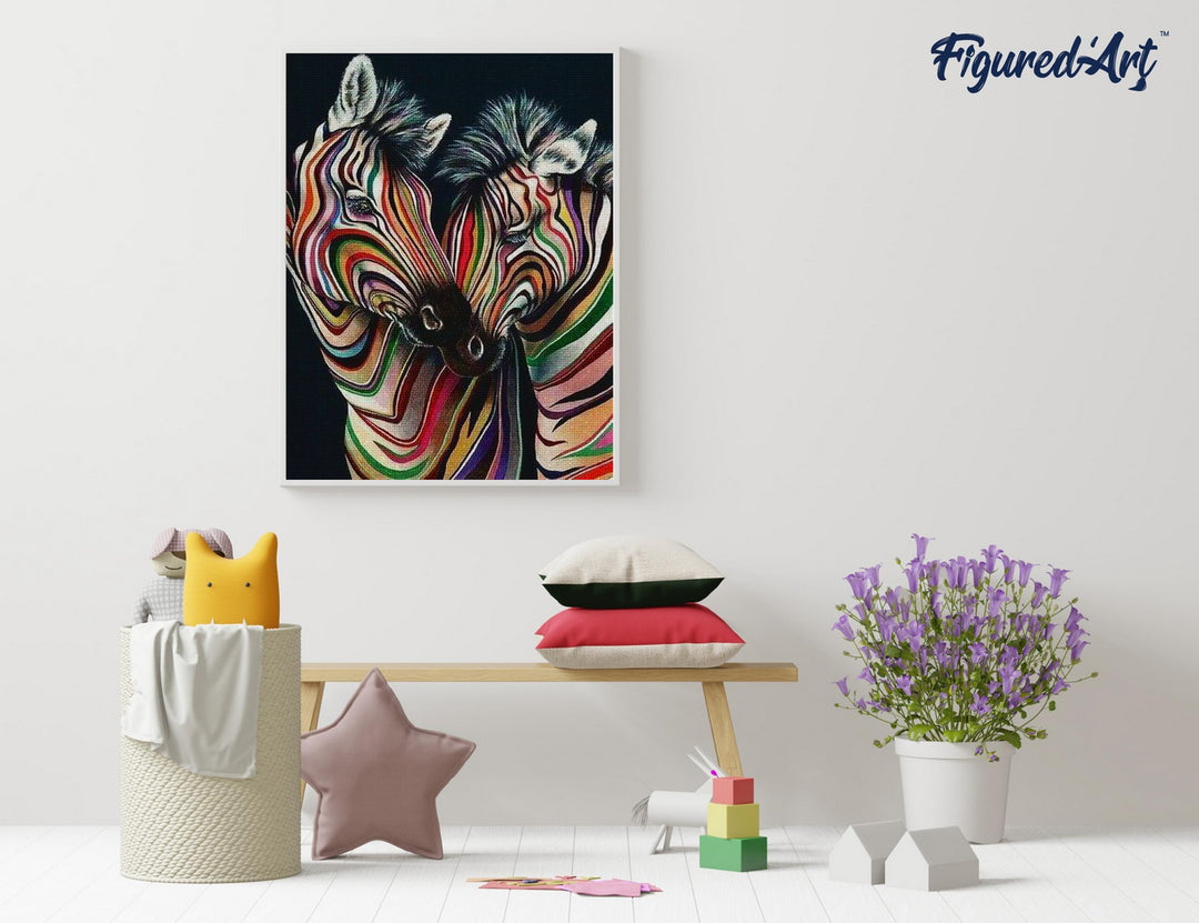 Diamond Painting 40x50 auf Keilrahmen gespannt Figured’Art Buntes Zebrapaar - Kidis Art