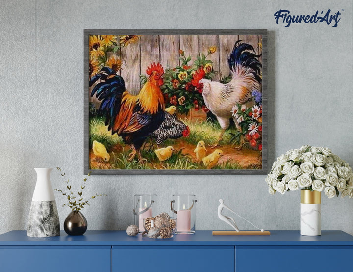 Diamond Painting 40x50 gerollte Leinwand Figured’Art Hähne und Kücken - Kidis Art