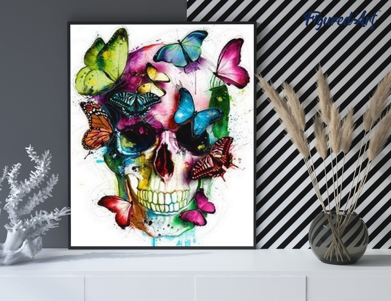 Diamond Painting 40x50 gerollte Leinwand Figured’Art Totenkopf und Schmetterlinge - Kidis Art