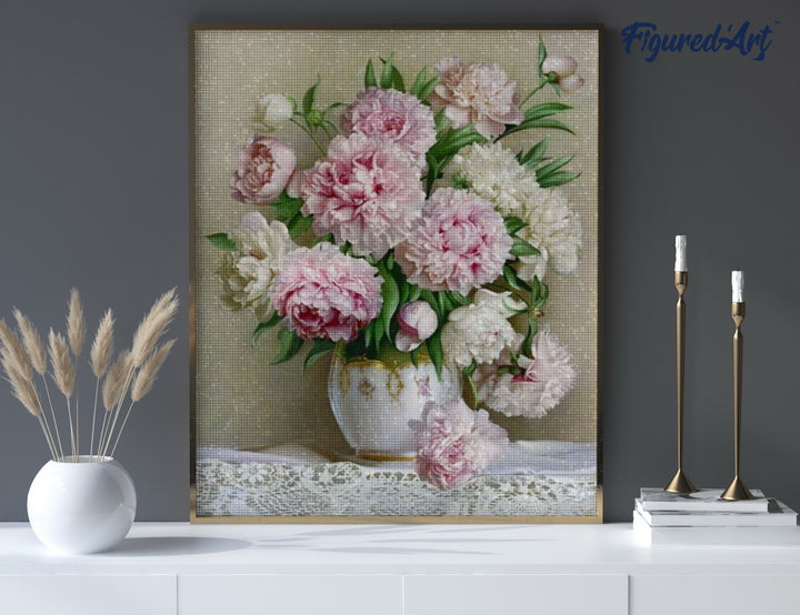 Diamond Painting 40x50 gerollte Leinwand Figured’Art Pfingstrosen Blumenstrauss - Kidis Art
