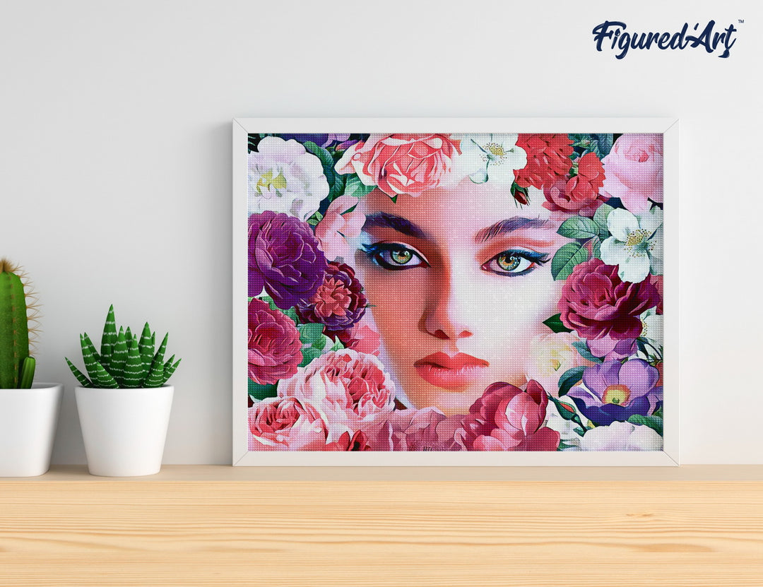 Diamond Painting 40x50 auf Keilrahmen gespannt Figured’Art Gesicht und Blumen - Kidis Art