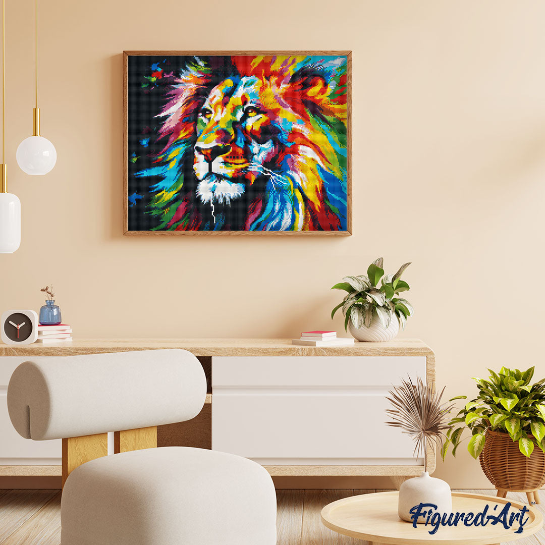Diamond Painting 40x50 auf Keilrahmen gespannt Figured’Art Löwe Farbenfroh Abstrakt - Kidis Art