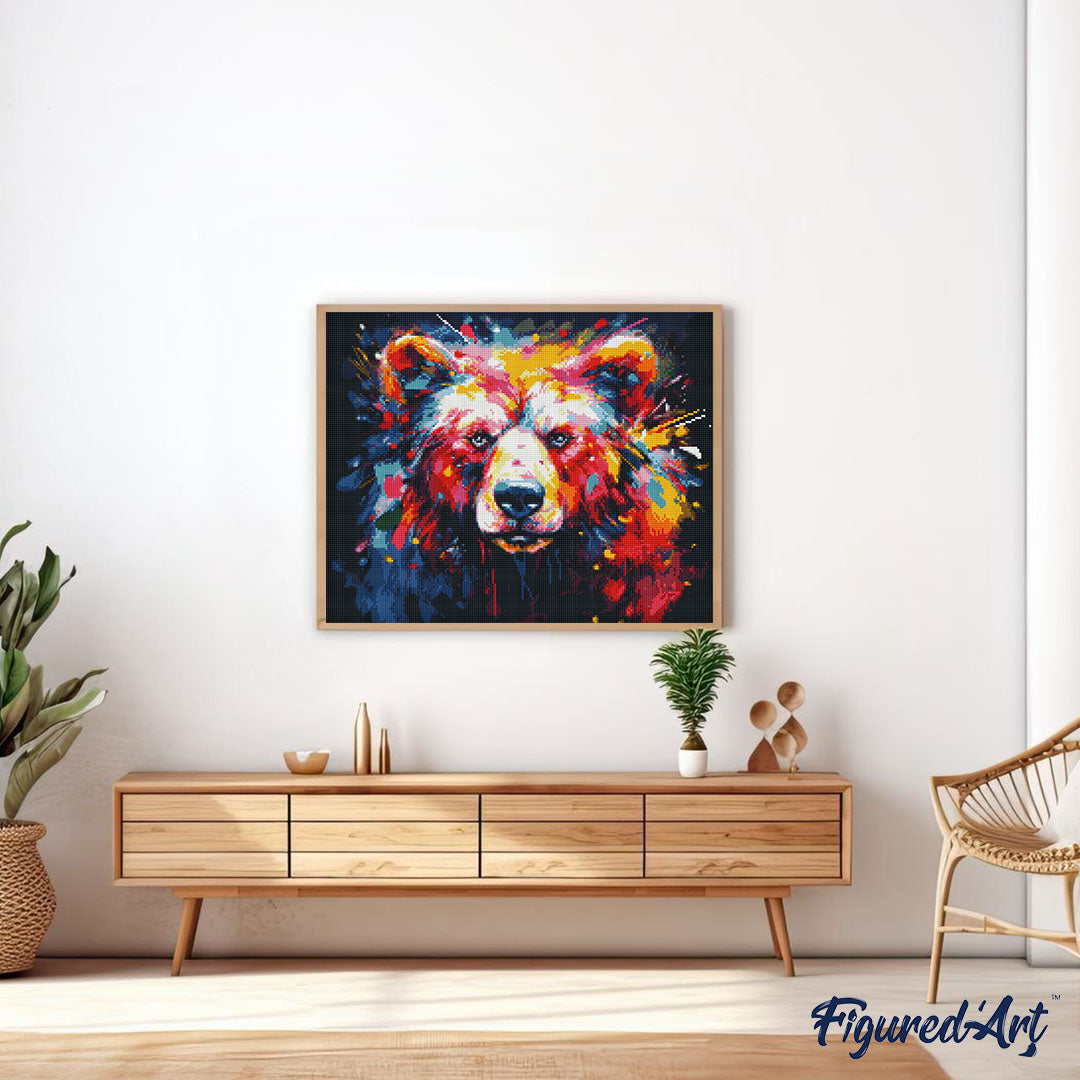 Diamond Painting 40x50 auf Keilrahmen gespannt Figured’Art Bär Farbenfroh Abstrakt - Kidis Art
