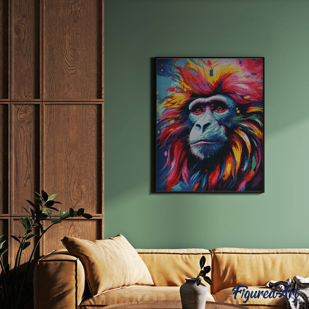 Diamond Painting 40x50 auf Keilrahmen gespannt Figured’Art Pavian Farbenfroh Abstrakt - Kidis Art