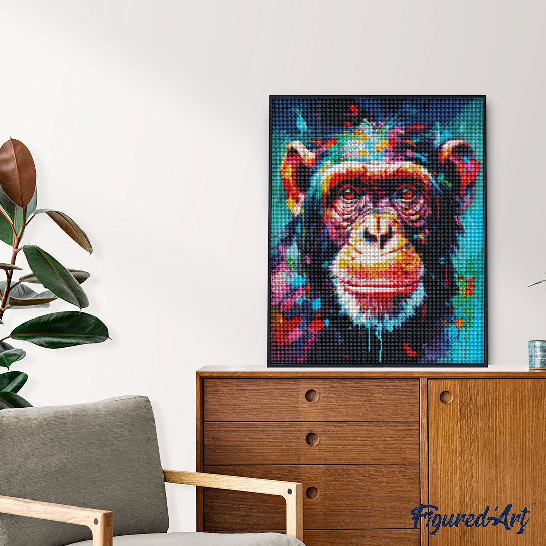 Diamond Painting 40x50 auf Keilrahmen gespannt Figured’Art Schimpanse Farbenfroh Abstrakt - Kidis Art