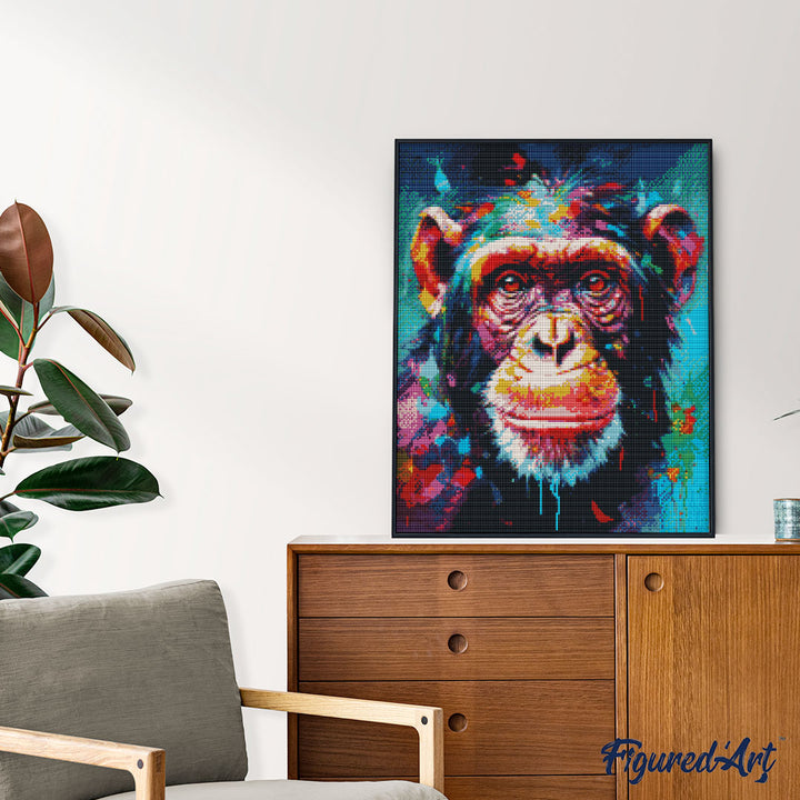 Diamond Painting 40x50 auf Keilrahmen gespannt Figured’Art Schimpanse Farbenfroh Abstrakt - Kidis Art