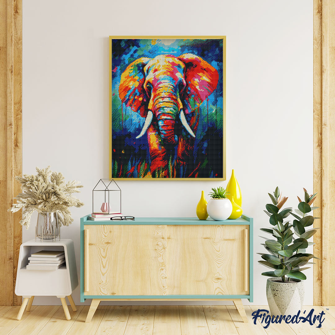 Diamond Painting 40x50 gerollte Leinwand Figured’Art Elefant Farbenfroh Abstrakt - Kidis Art