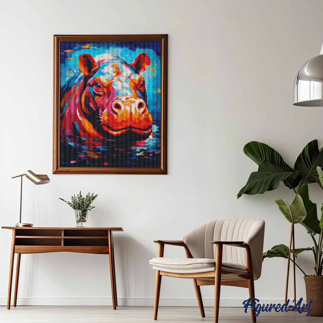 Diamond Painting 40x50 auf Keilrahmen gespannt Figured’Art Flusspferd Farbenfroh Abstrakt - Kidis Art