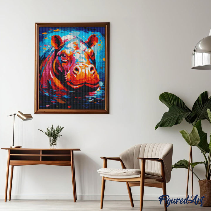 Diamond Painting 40x50 auf Keilrahmen gespannt Figured’Art Flusspferd Farbenfroh Abstrakt - Kidis Art