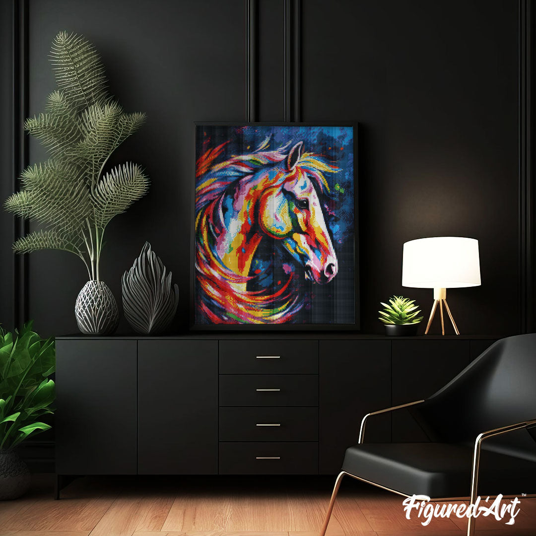 Diamond Painting 40x50 auf Keilrahmen gespannt Figured’Art Pferd Farbenfroh Abstrakt - Kidis Art