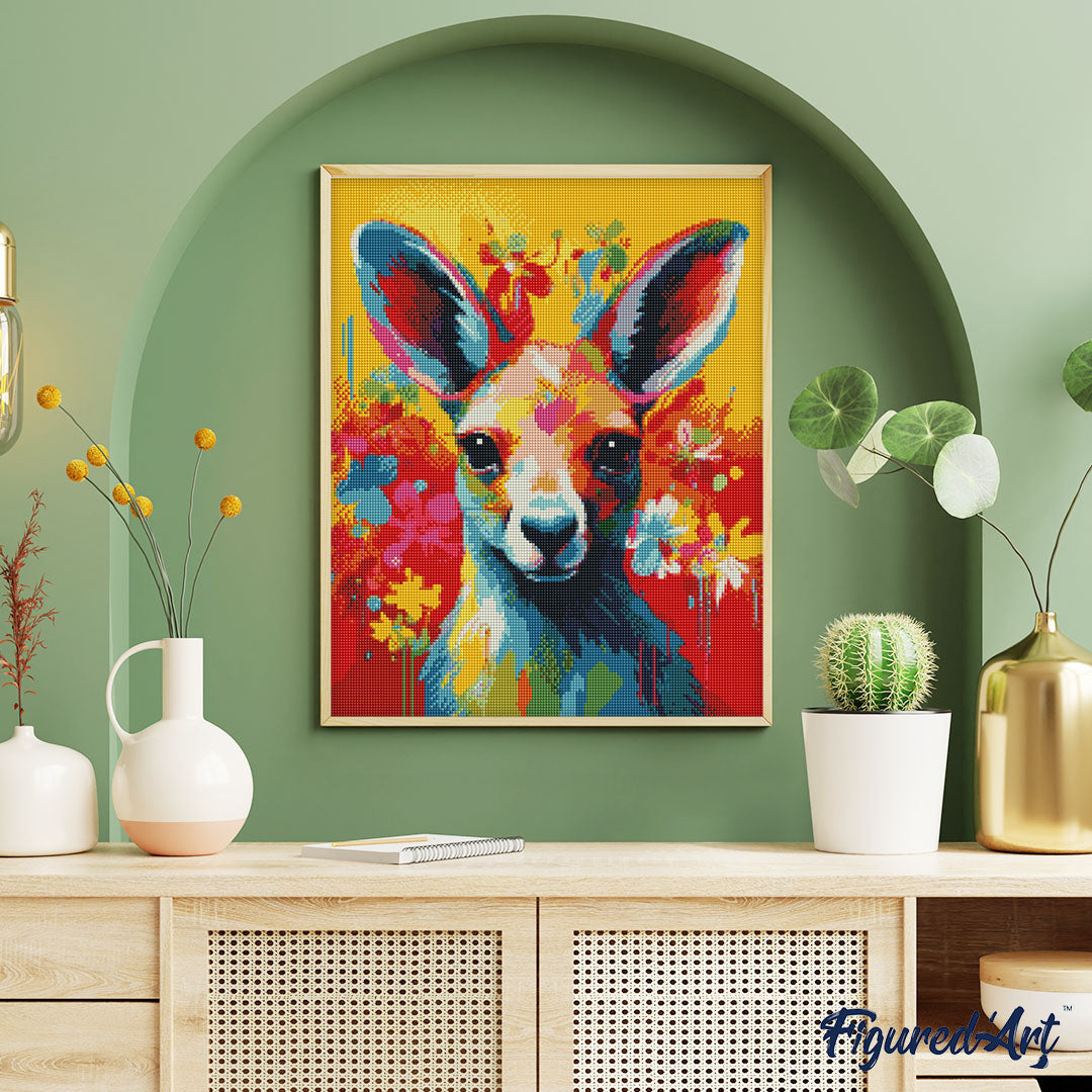 Diamond Painting 40x50 auf Keilrahmen gespannt Figured’Art Känguru Farbenfroh Abstrakt - Kidis Art